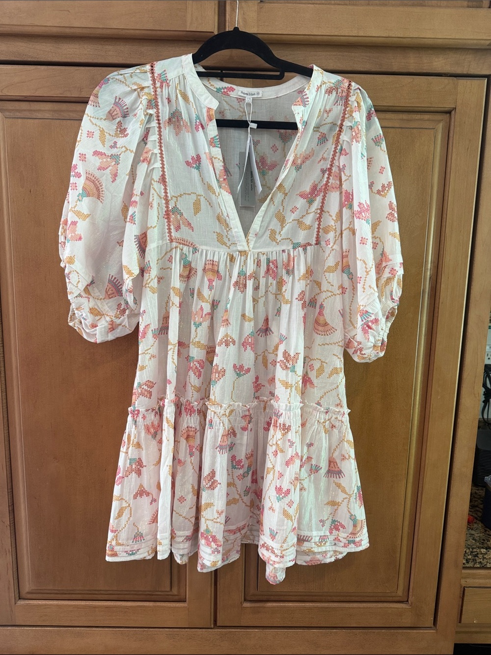 Girls' White Floral Tiered Dress with Pink & Peach Print